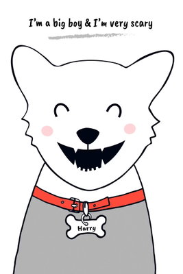 Doggy harry vertical – motivvy. En vit och grå tecknad hund ler med slutna ögon och bär ett rött halsband med en benformad bricka.