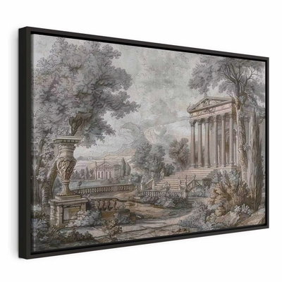 Temple on a hill greek – svart ram. Ett tempel med klassiska kolonner ligger i ett landskap i dämpade grågröna och brunaktiga toner.