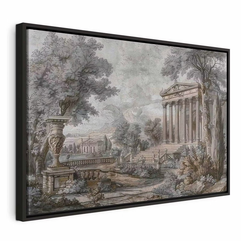 Temple on a hill greek – svart ram. Ett tempel med klassiska kolonner ligger i ett landskap i dämpade grågröna och brunaktiga toner.