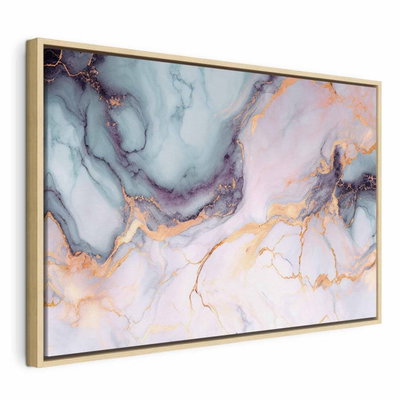 Pastel stones pink and blue – naturfärgad ram. Ljusblå, rosa och vita färgskikt möter mörka och guldfärgade ådringar i ett tryckt marmormotiv.