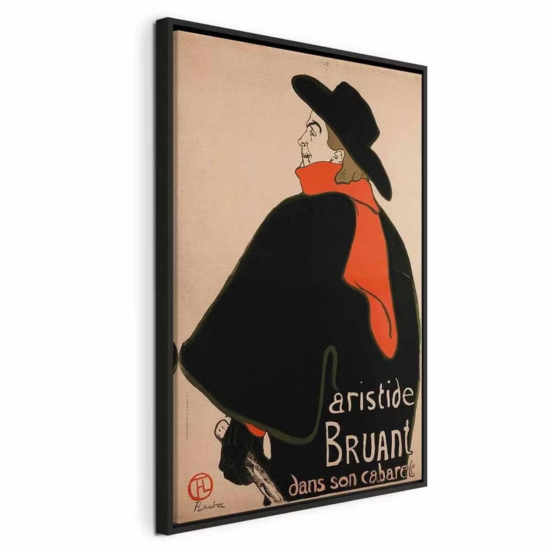 Aristide bruant dans son – svart ram. En man i stor svart hatt, svart rock och röd halsduk står mot en varm, ljust orange bakgrund med tryckt text.
