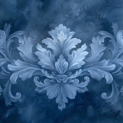 Kvadratisk motivförlaga för Ornament in blue and cool: En stor ljusblå blomma omges av mörkare, böjda bladformer.