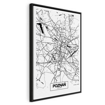 City plan poznan vertical – svart ram. Svarta vägar, kvarter och mörka vattenformer ramar in en tät vit stadskarta med namnet POZNAŃ.