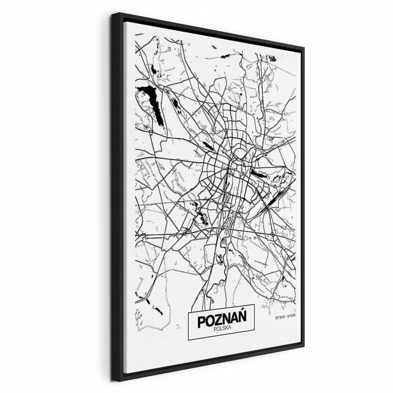 City plan poznan vertical – svart ram. Svarta vägar, kvarter och mörka vattenformer ramar in en tät vit stadskarta med namnet POZNAŃ.