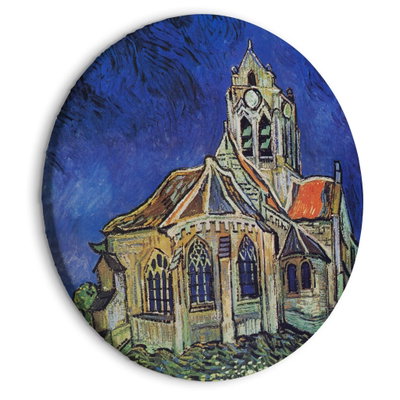 Rund motivvy för Vincent van Gogh - The church: En kyrka med vinklade tak och smala fönster står mot en djupblå himmel.