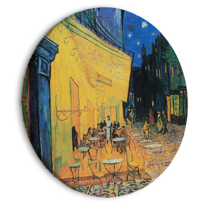 Rund motivvy för Vincent van Gogh - café terrace: En gulbelyst kaféterrass möter en djupblå natthimmel med stjärnor.