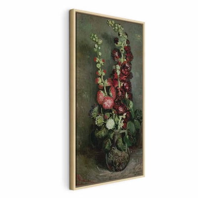 Vincent van gogh vase of – naturfärgad ram. Höga rosa och röda blommor står i en vas mot en dämpat grön bakgrund.