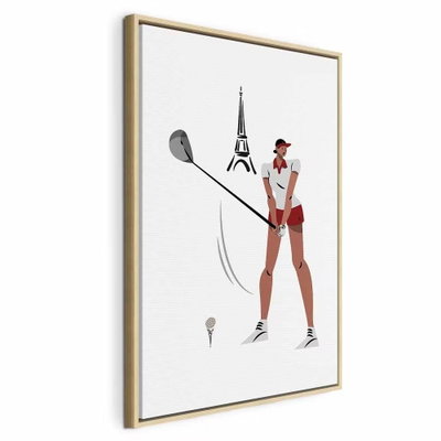 Female golfer with the – naturfärgad ram. En kvinna i keps och sportkläder håller en lång klubba vid en liten Eiffeltornssymbol på vit botten.