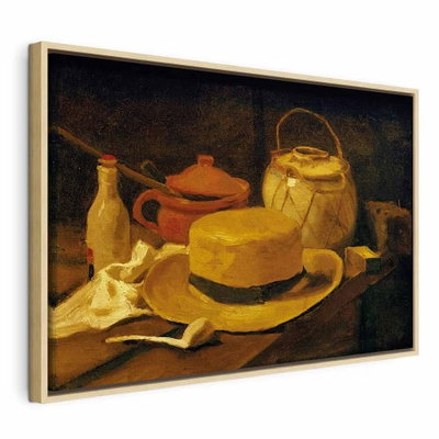 Vincent van gogh still life – naturfärgad ram. En gul kanna, en kopp, en skål och en tekanna bildar ett stilleben i varma bruna och gula toner.
