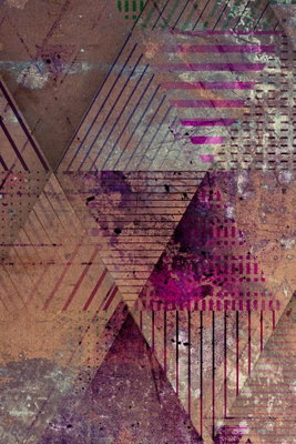 Autumn abstraction vertical – motivvy. Tunnt tecknade rutnät, trianglar och raka linjer överlappar skikt av brunt, lila och dämpat rosa.