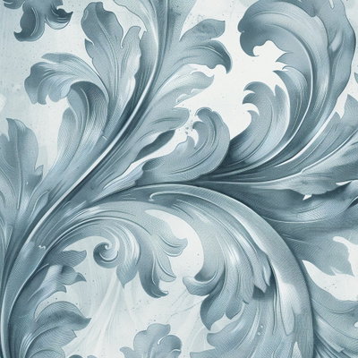 Kvadratisk motivförlaga för Stone baroque ornaments: Stora böjda bladformer breder ut sig i ljusblått och grått med målade skuggor.