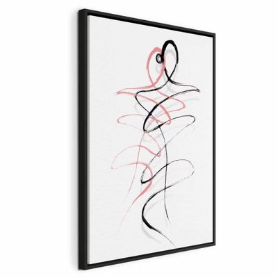 Tangled passion vertical – svart ram. Fria svarta och rosa linjer antyder en figur mot vitt. Den lösa teckningen lämnar stora ljusa mellanrum.