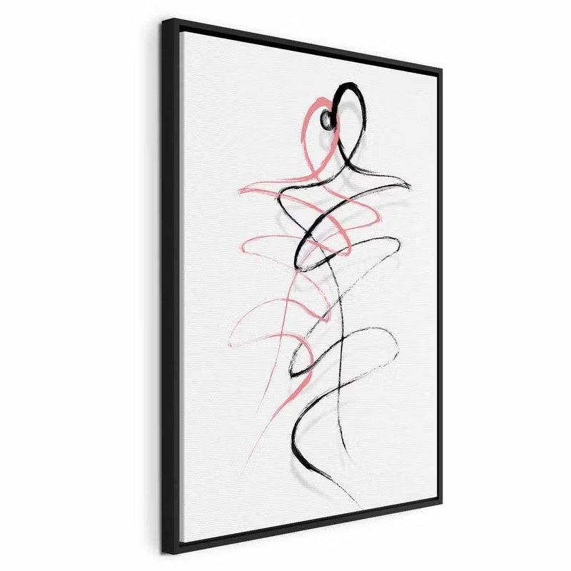 Tangled passion vertical – svart ram. Fria svarta och rosa linjer antyder en figur mot vitt. Den lösa teckningen lämnar stora ljusa mellanrum.
