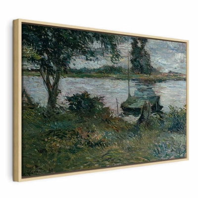 Paul gauguin flußufer – naturfärgad ram. Träd och en liten båt står vid vatten i en målad landskapsbild med gröna och blågrå penseldrag.