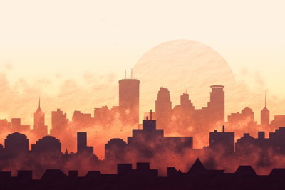 Heat of the city wide – motivvy. Flera lager av hustak och höga byggnader bildar en stadssilhuett framför en stor blekorange sol.