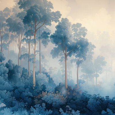 Kvadratisk motivförlaga för Landscape with trees: Höga smala träd reser sig ur ett tätt blått lövverk mot en dimmig, varm himmel.