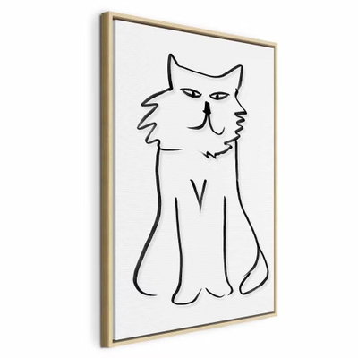 I and m looking at you – naturfärgad ram. En sittande katt med spetsiga öron och smala ögon tecknas med en enkel svart konturlinje på vitt.