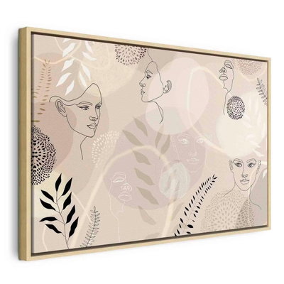 Feminine line art – naturfärgad ram. Flera kvinnliga ansikten i tunna konturlinjer möter blad, prickmönster och runda fält i beige och svart.