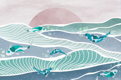 Fish on the waves – motivvy. Turkosa, fläckiga valar simmar mellan ljusa linjevågor under en stor rosa solskiva.