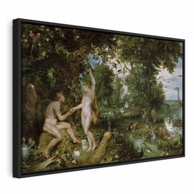 Peter paul rubens the garden – svart ram. Målade gestalter och många djur samlas bland frodiga träd och växter i ett grönt landskap.