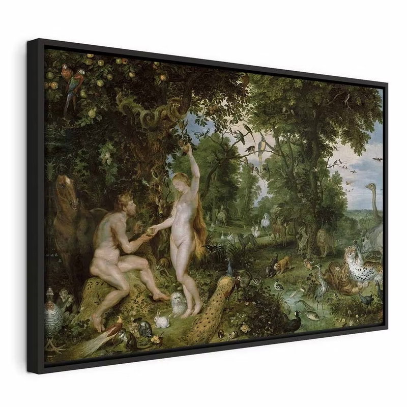 Peter paul rubens the garden – svart ram. Målade gestalter och många djur samlas bland frodiga träd och växter i ett grönt landskap.