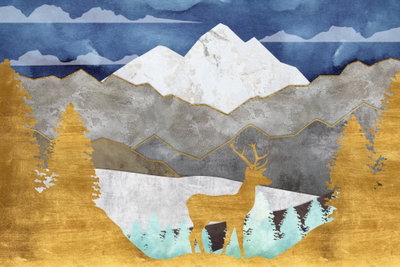 Golden land wide – motivvy. En guldfärgad hjort står vid blått vatten mellan geometriska träd, grå berg och vita toppar.