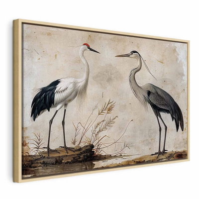 Birds from an old engraving – naturfärgad ram. Två stora långbenta fåglar med vita, grå och mörka fjädrar står bland torra kvistar mot åldrad beige botten.