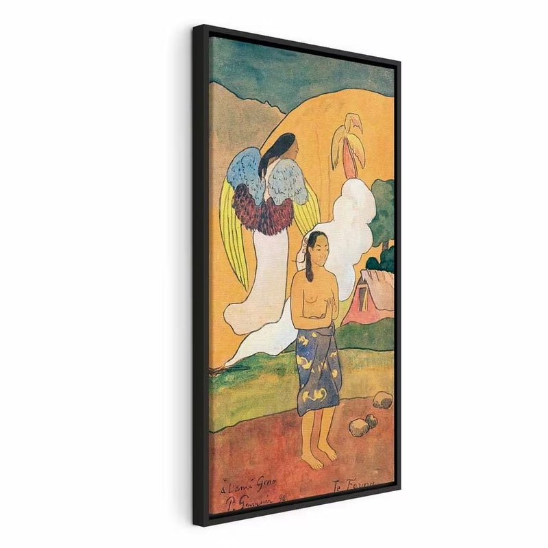 Paul gauguin te faruru – svart ram. En kvinnlig gestalt står i ett varmt gult landskap med stora dekorativa former och gröna färgfält.