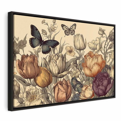Colourful tulips on a cream – svart ram. Gula, rosa och rostfärgade tulpaner och fina blad möter mörka fjärilar på en ljust crèmefärgad botten.