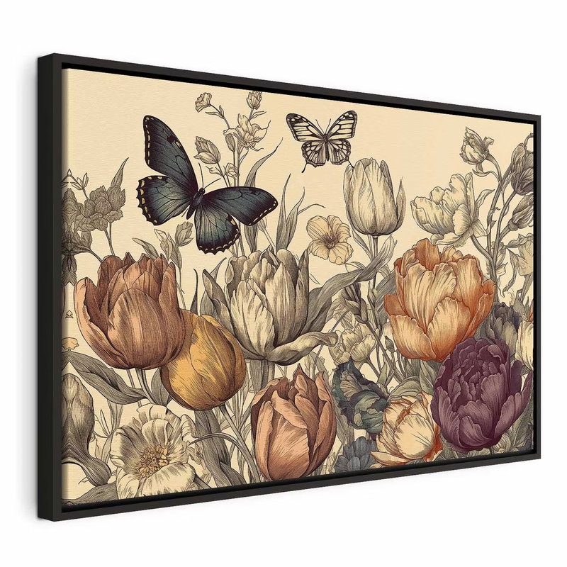 Colourful tulips on a cream – svart ram. Gula, rosa och rostfärgade tulpaner och fina blad möter mörka fjärilar på en ljust crèmefärgad botten.
