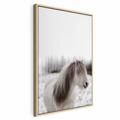 Horse mane vertical – naturfärgad ram. En liten ljus häst står i ett snötäckt landskap med en lång gråbrun man över ansiktet.