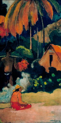 Paul gauguin mahana maa ii – motivvy. En sittande figur och stora palmer återges med kraftiga gröna, orange och blå färgpartier.