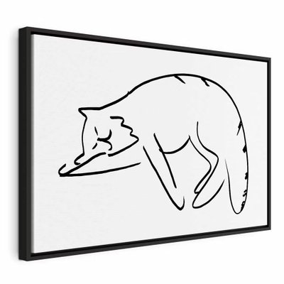 Cat and s dreams vertical – svart ram. En utsträckt, sovande katt återges med en tunn svart linje på en stor vit bildyta.
