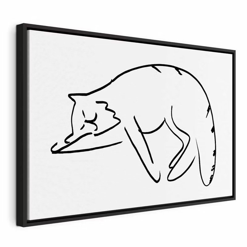 Cat and s dreams vertical – svart ram. En utsträckt, sovande katt återges med en tunn svart linje på en stor vit bildyta.