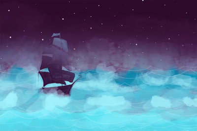 Night waves wide third – motivvy. Ett segelfartyg möter ljusa turkosa vågor under en violett himmel med små stjärnor.