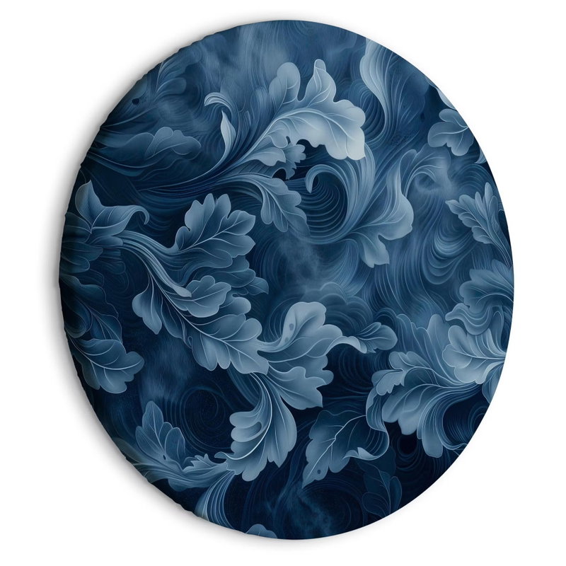 Rund motivvy för Abstract ornaments: Svepande bladliknande former möts i djupa och ljusa blå toner.