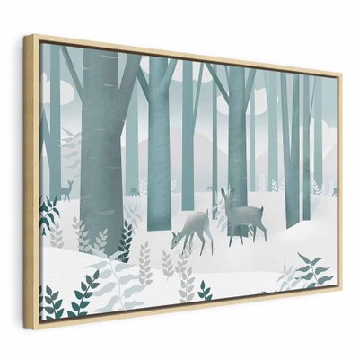 Fairy tale forest vertical – naturfärgad ram. Två illustrerade hjortdjur står bland raka blågröna stammar och vita bladformer i ett ljust vinterlandskap.