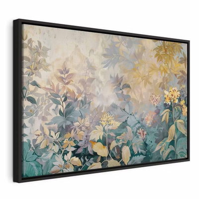 Tapestry pattern with a – svart ram. Gråblå och gula blad- och blomformer sprider sig i ett tunt mönster över en ljus botten.