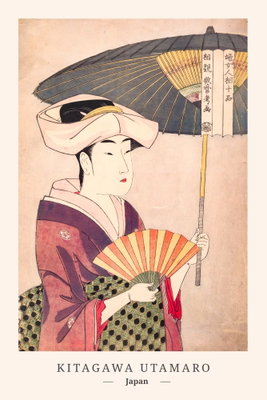 Woman with an umbrella – motivvy. En kvinna med parasoll återges i ett japanskt bildmotiv med rosa, beige och mörka linjer.
