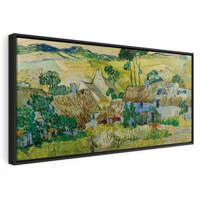 Vincent van gogh farms near – svart ram. Ljusa byhus möter gröna och gyllene fält i en bred, målad landskapsvy.