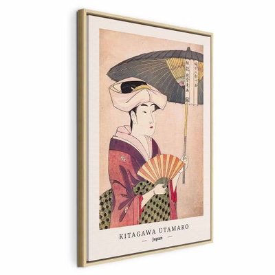 Woman with an umbrella – naturfärgad ram. En kvinna med parasoll återges i ett japanskt bildmotiv med rosa, beige och mörka linjer.