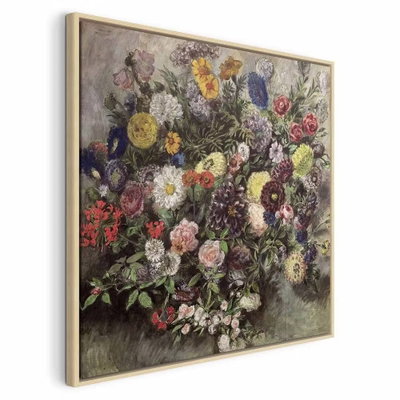 Eugène delacroix bouquet of – naturfärgad ram. Vita, rosa, röda, gula och blå blommor fyller en stor bukett med grönt bladverk mot en dämpad bakgrund.