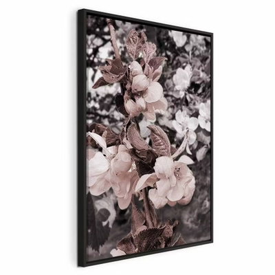Balance in nature vertical – svart ram. Små blekrosa blommor sitter tätt på en gren framför mörka, mjukt suddiga blad.