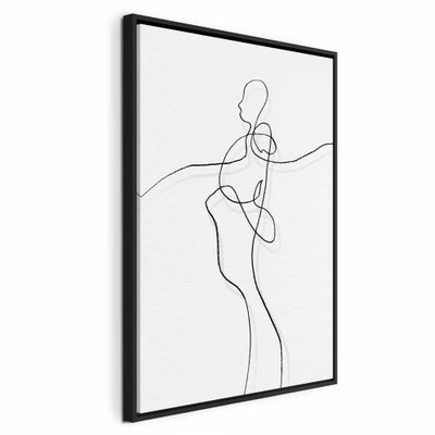 My soul vertical – svart ram. En kvinnlig figur med utsträckt arm antyds av tunna, slingrande svarta linjer mot vitt.