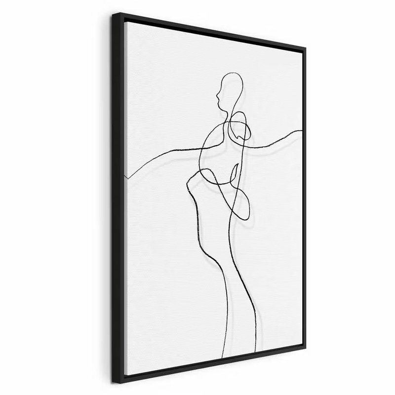 My soul vertical – svart ram. En kvinnlig figur med utsträckt arm antyds av tunna, slingrande svarta linjer mot vitt.