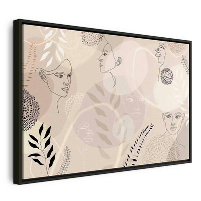 Feminine line art – svart ram. Flera kvinnliga ansikten i tunna konturlinjer möter blad, prickmönster och runda fält i beige och svart.