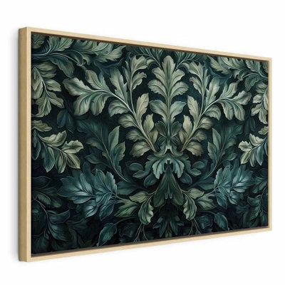 Dark green victorian leaves – naturfärgad ram. Täta, svängda gröna blad bildar ett spegelsymmetriskt ornament över en nästan svart bakgrund.