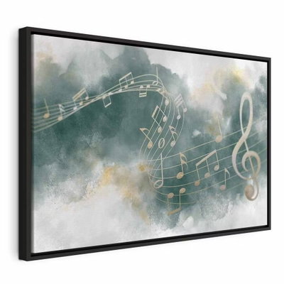 Melody of the psalm wide – svart ram. Ljusa notlinjer och en stor klav möter grågröna och vita skiftningar med små guldfärgade detaljer.