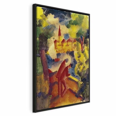 August macke men on the road – svart ram. Vinklade figurer och byggnadsformer i rött, gult, blått och grönt fyller en tät, målerisk scen.