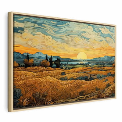 Impressionistic fields – naturfärgad ram. Ett målat landskap med gula fält, mörka träd och avlägsna berg ligger under en virvlande gulgrön himmel.